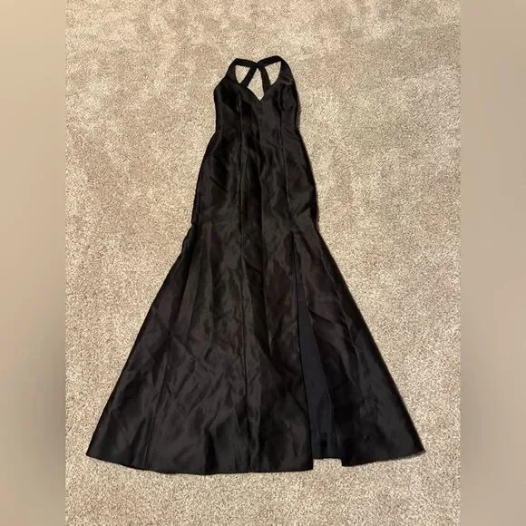 Alfred Sung V-neck Halter Satin Trumpet Gown D761 | Size 2 | Black - Picture 3 of 8